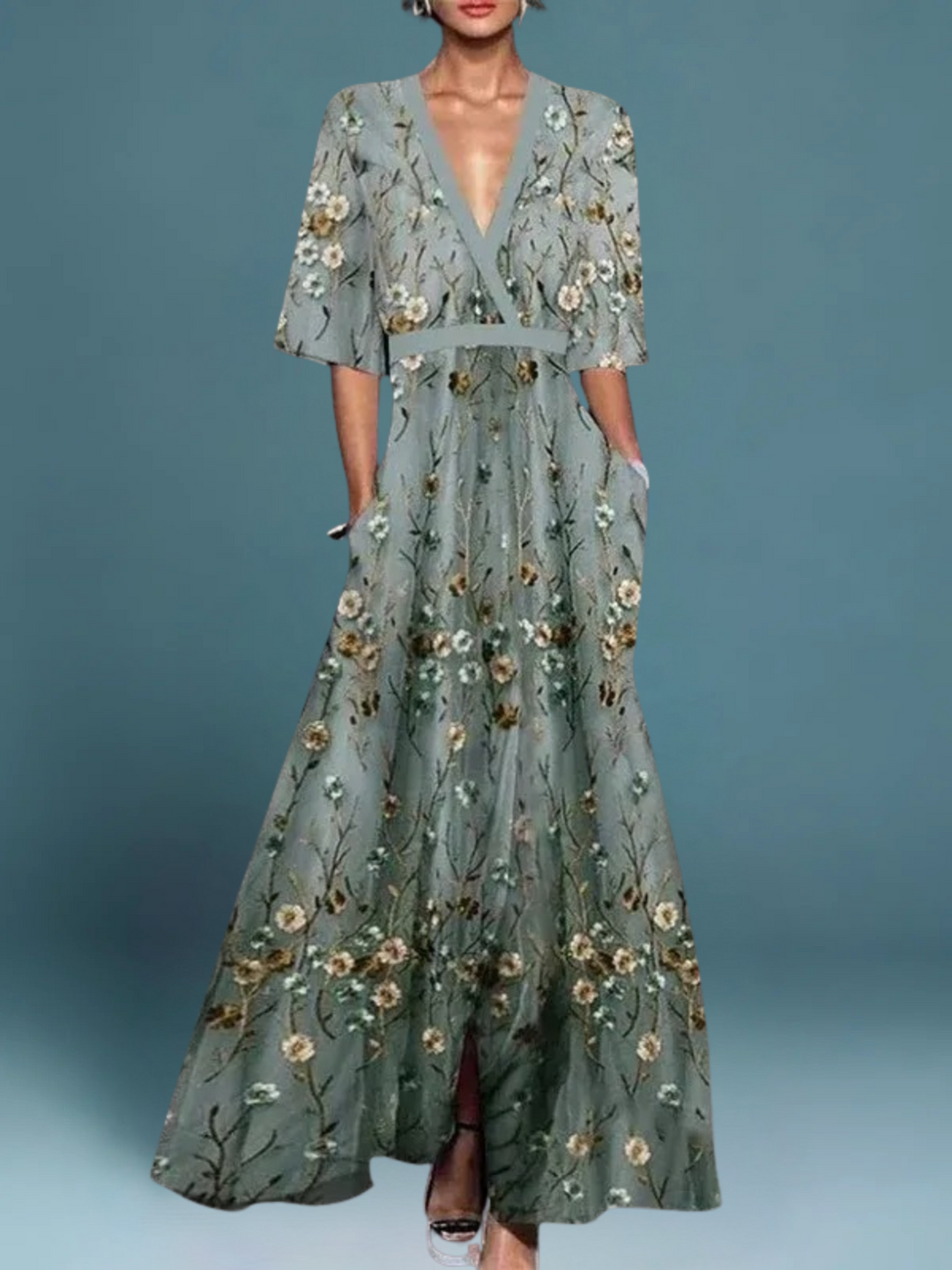 Azure Garden – Elegant floral maxi dress
