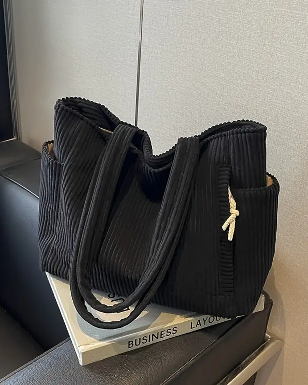 Aurelle – Ribbed Tote Bag with Drawstring Detail