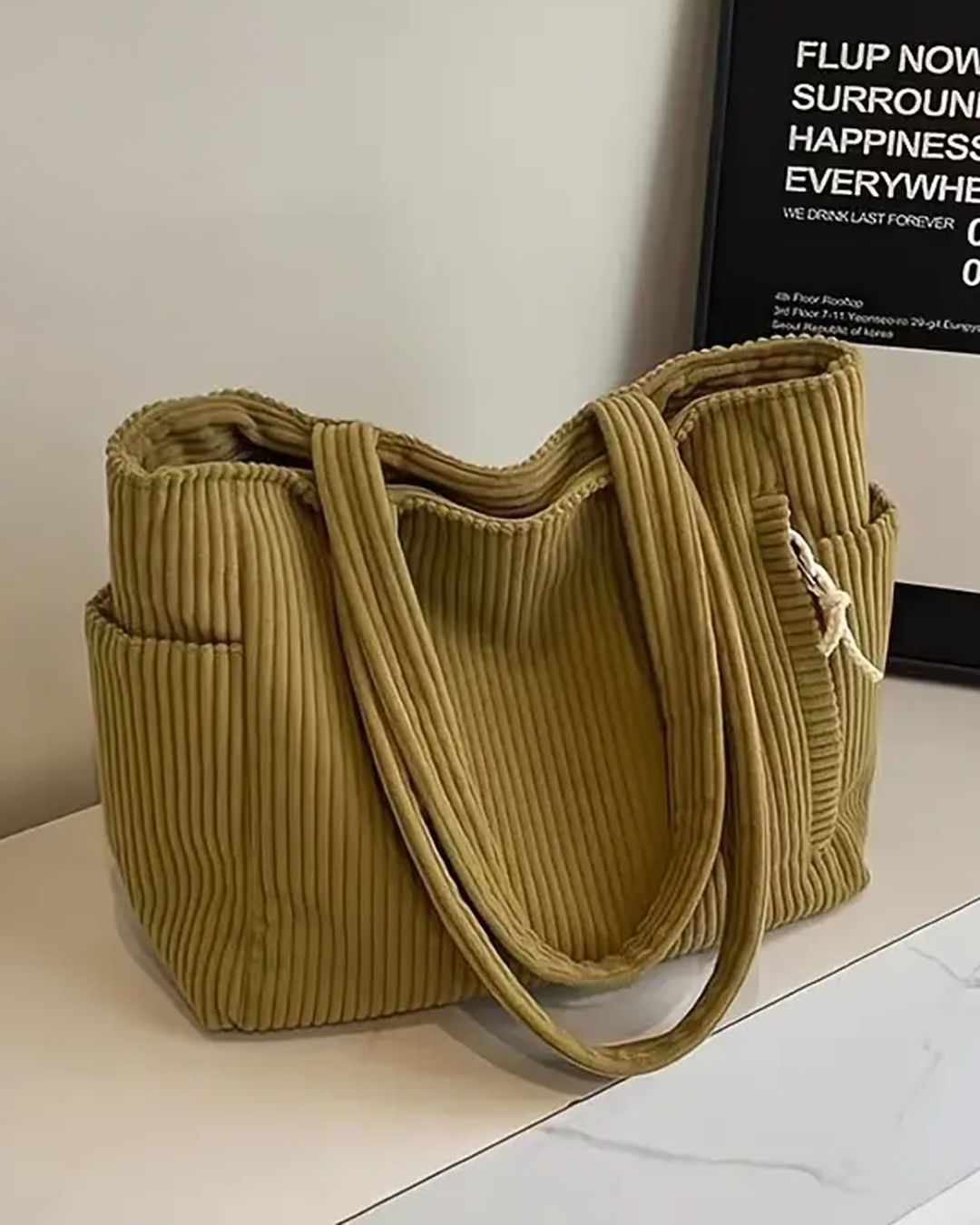Aurelle – Ribbed Tote Bag with Drawstring Detail