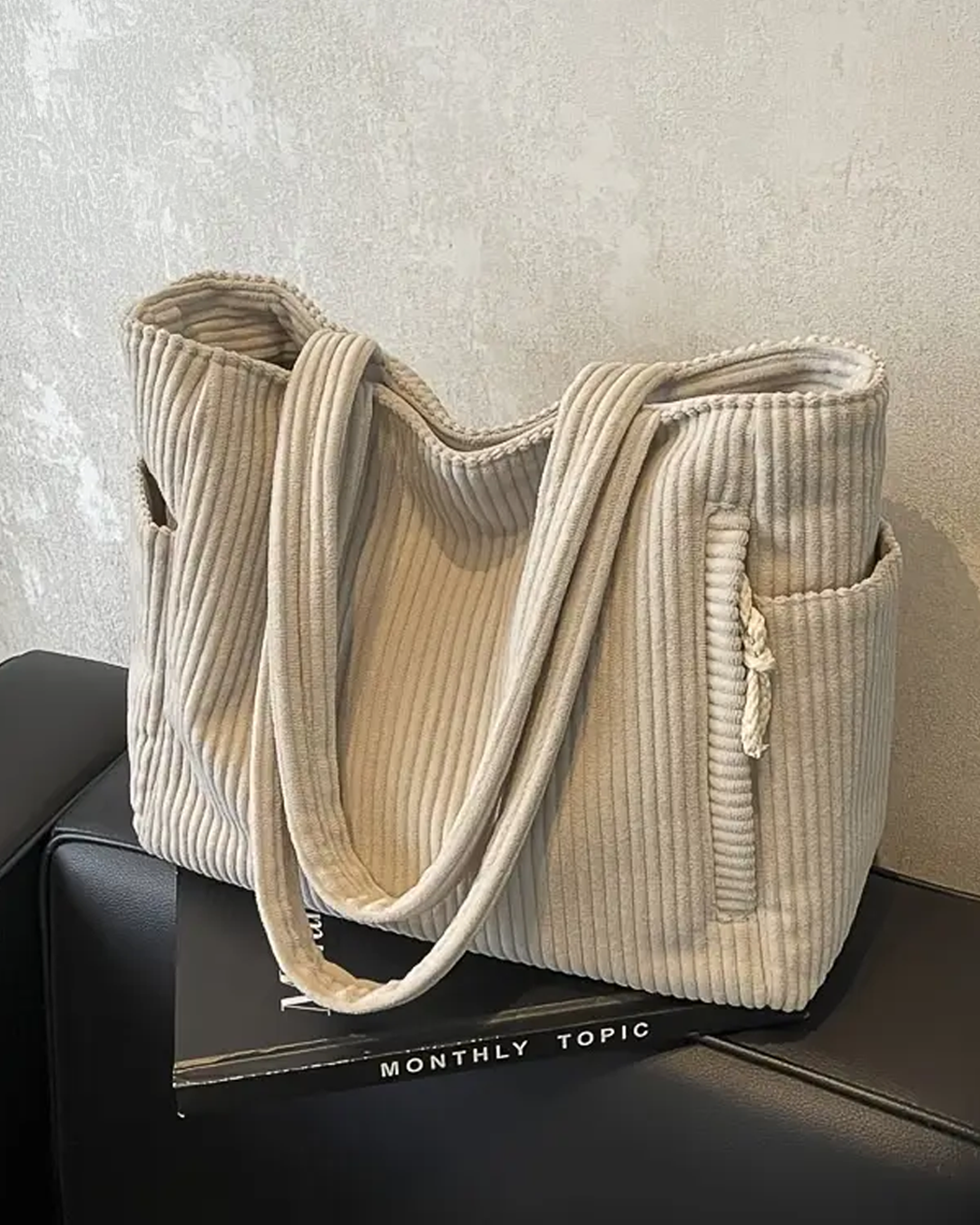 Aurelle – Ribbed Tote Bag with Drawstring Detail