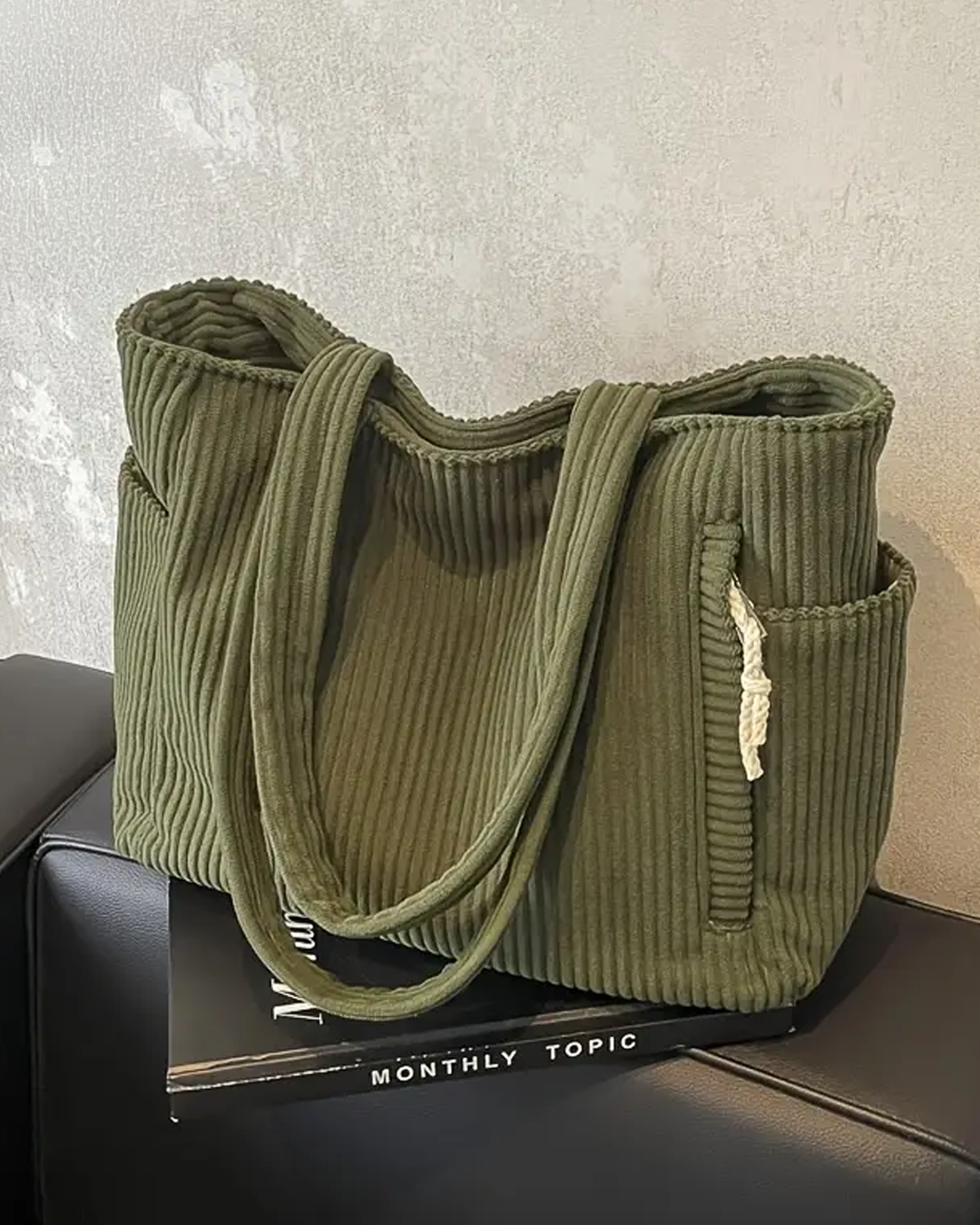 Aurelle – Ribbed Tote Bag with Drawstring Detail