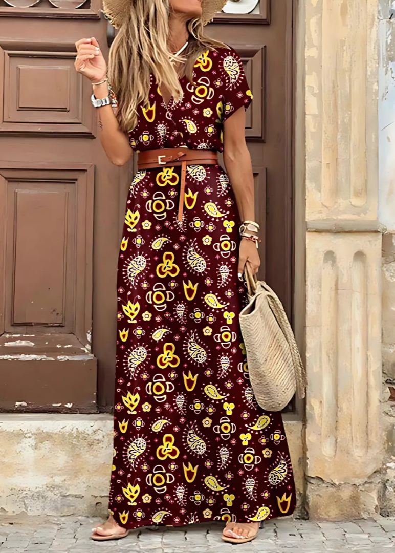 Kylie™  | Bohemian Long Dress with Pleated Waist