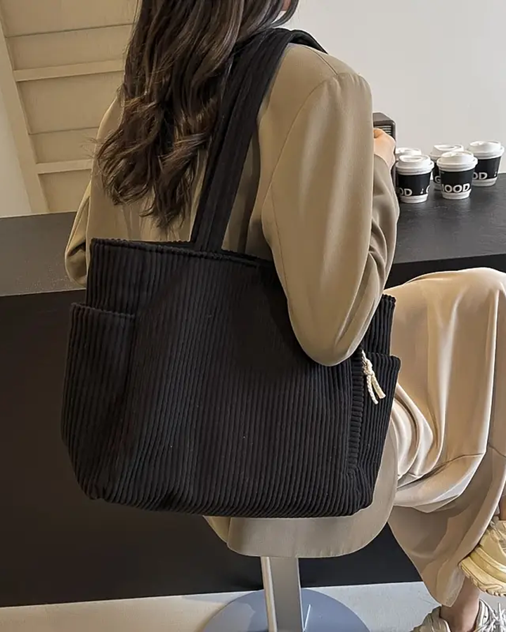 Aurelle – Ribbed Tote Bag with Drawstring Detail